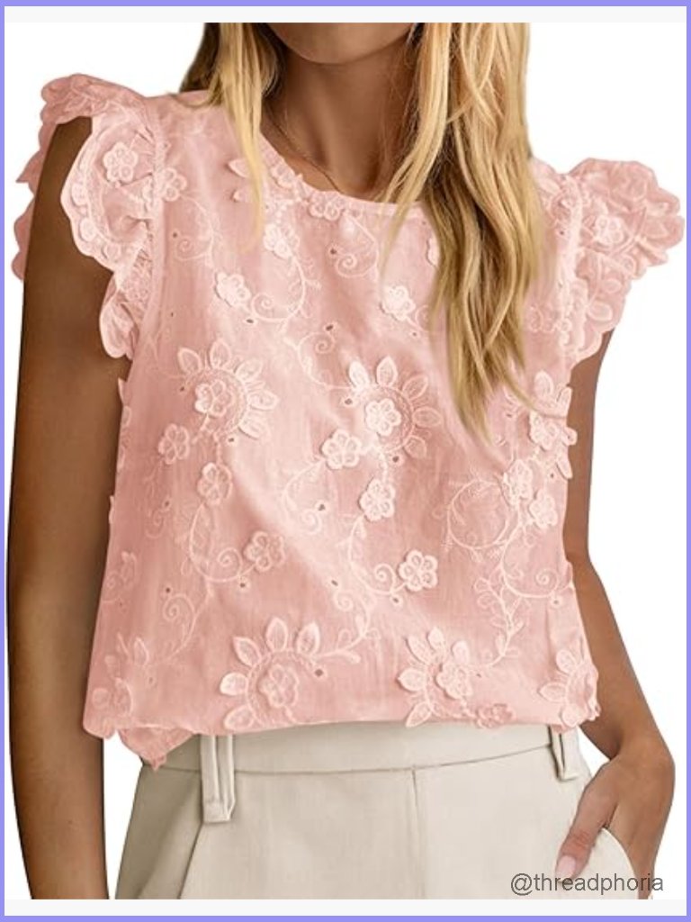 Women's Lace Ruffle Cap Sleeve Blouse Dressy Casual Boho Embroidered Top